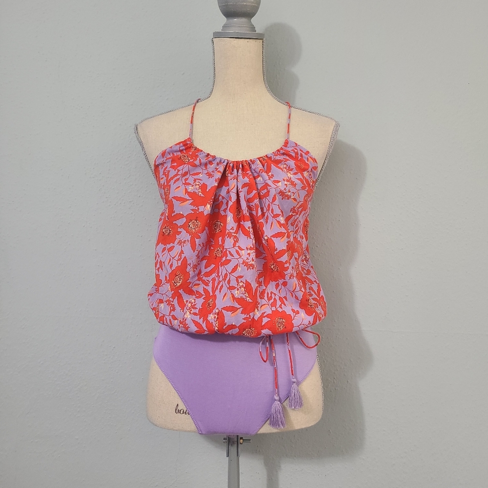 Free People Women's Liza Halter Bodysuit Wisteria Floral Tassel Top NWT Size Med